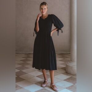 Women’s ELF Maxi Black Midi Smock Puff Sleeve Linen Dress Size L